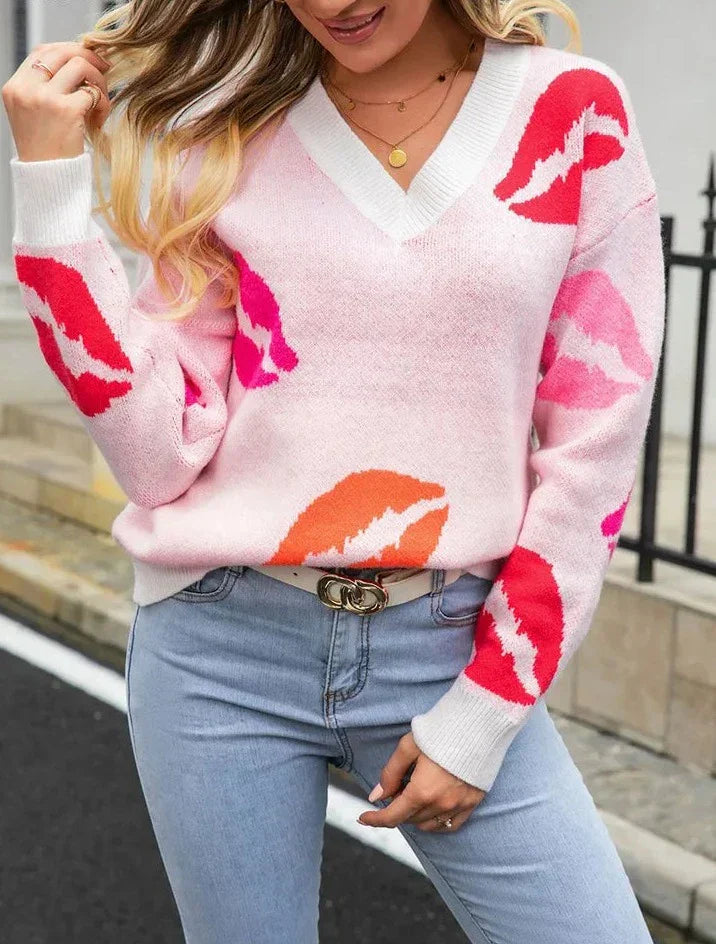 Desirae™ | Women's V-Neck Sweater with Lip Print – Fashionable &amp; Cozy