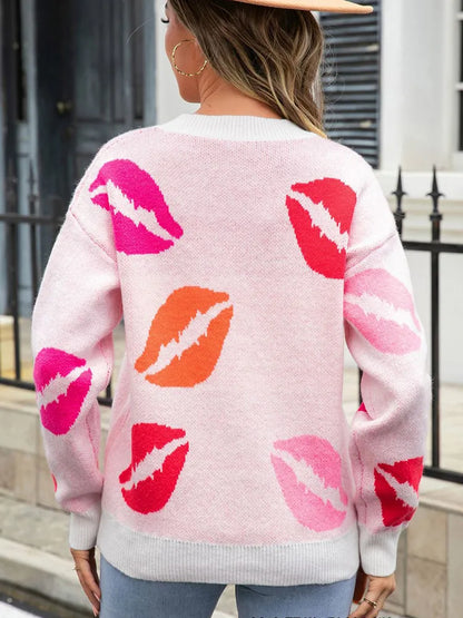 Desirae™ | Women's V-Neck Sweater with Lip Print – Fashionable &amp; Cozy