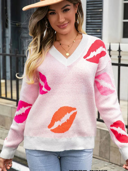 Desirae™ | Women's V-Neck Sweater with Lip Print – Fashionable &amp; Cozy