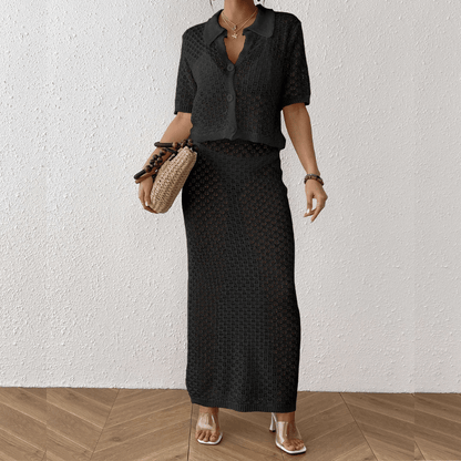 Anika™ | Crochet Beach Set Two-Piece – Summery 2-piece outfit with button top &amp; bodycon skirt made of airy mesh structure 