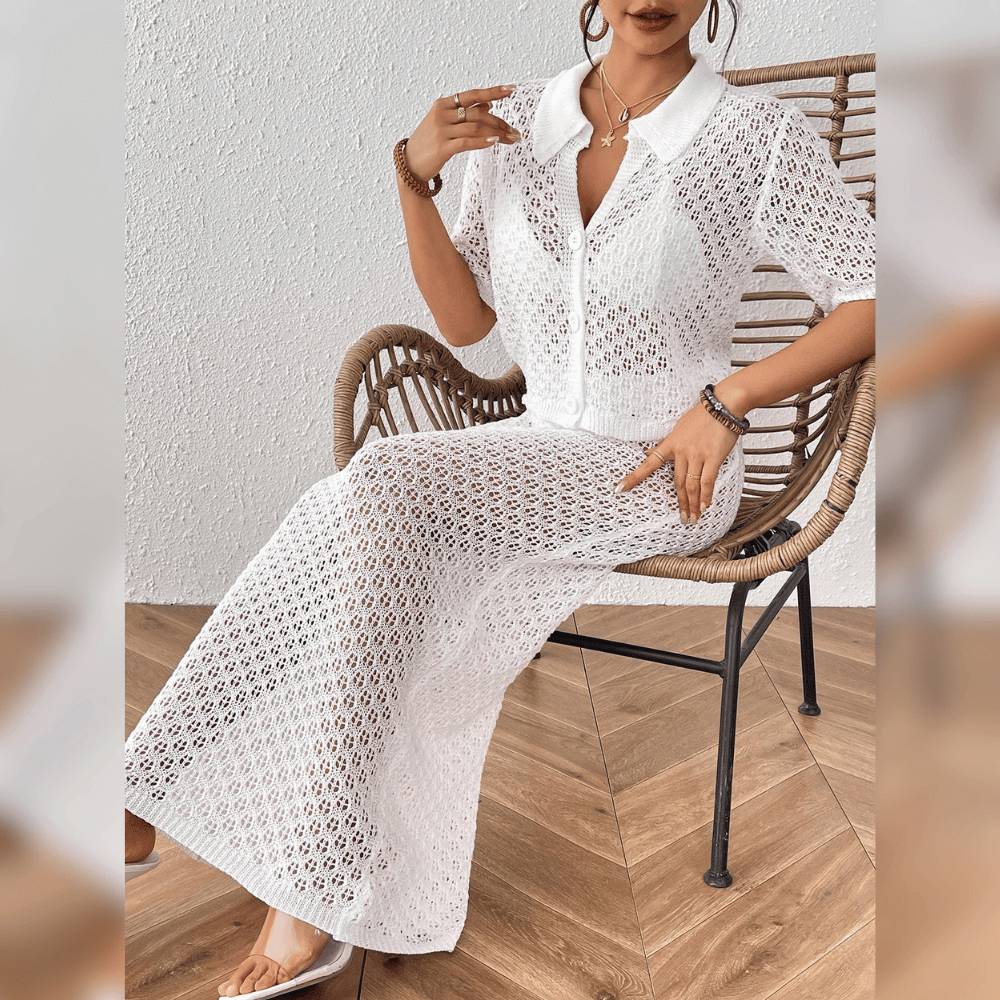 Anika™ | Crochet Beach Set Two-Piece – Summery 2-piece outfit with button top &amp; bodycon skirt made of airy mesh structure 